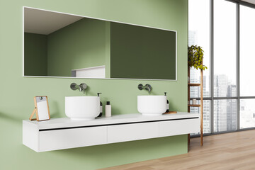 Home bathroom interior with double sink and accessories, panoramic window