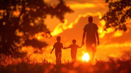 A father and his two children stroll together under a stunning sunset, enjoying the warmth and beauty of the colorful sky as daylight fades into evening