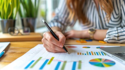 A young professional analyzes colorful graphs and charts with a pen while seated at a desk, surrounded by greenery and office supplies, focusing on business growth metrics