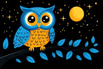 Obraz premium Cute Owl Perched on a Branch at Night