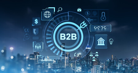 B2b icons hologram and indicators on Bangkok city skyscrapers