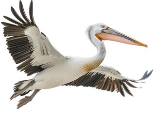 Fototapeta premium White pelican in flight over a bright sky during the day