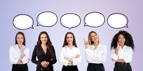 Five women with speech bubbles on a light gradient background.