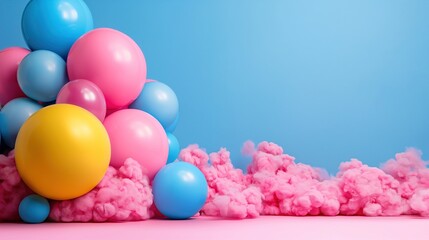 A vibrant arrangement of pink, blue, and yellow balloons is complemented by fluffy pink cotton candy, enhancing the joyful environment and inviting playful activities