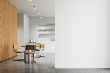 Modern cafe interior with dining tables and bar. Mockup wall