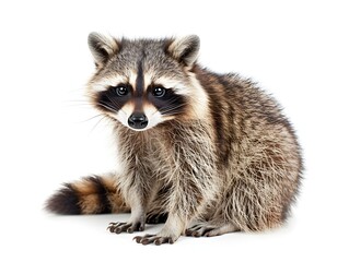 Obraz premium Raccoon sitting on a white background, showcasing its detailed fur and curious expression
