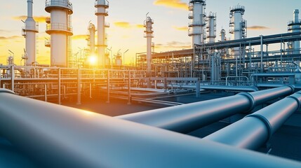 Futuristic petrochemical facility with extensive pipelines, bathed in warm sunset light, showcasing advanced manufacturing processes
