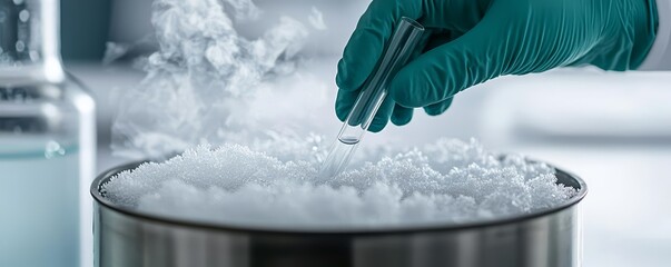 Generative AI image of cryostorage procedure with a gloved hand inserting a test tube into a liquid nitrogen tank, surrounded by vapor and frosty surfaces