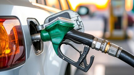 Fototapeta premium Refueling a vehicle at a gas station, close-up of the fuel nozzle with vibrant sunset colors in the background