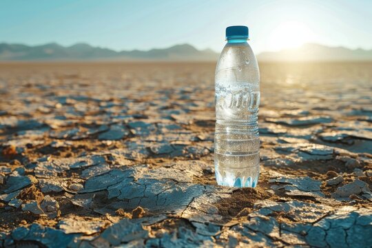 Desert thirst concept with water bottle on dry soil