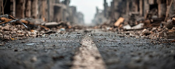 Bleak war aftermath, destroyed city under siege, streets littered with debris and ruins, the remnants of once-thriving buildings now barely standing
