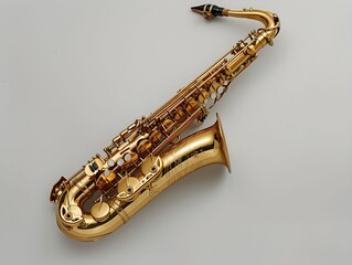 Fototapeta premium A close-up view of a shiny gold saxophone resting on a neutral background, showcasing its intricate keys and design