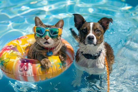 Cat with snorkel and dog with float ready for pool fun