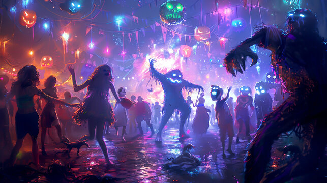 An energetic monster mash party with eerie lights and various monsters dancing