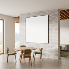 Modern dining room with blank framed poster on tiled wall. 3D Rendering