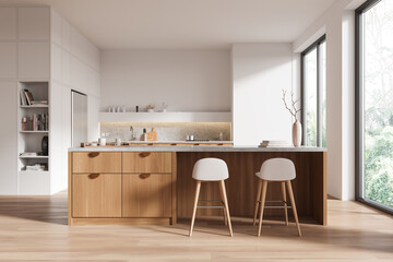 Modern kitchen interior with wooden cabinets and island. 3D Rendering