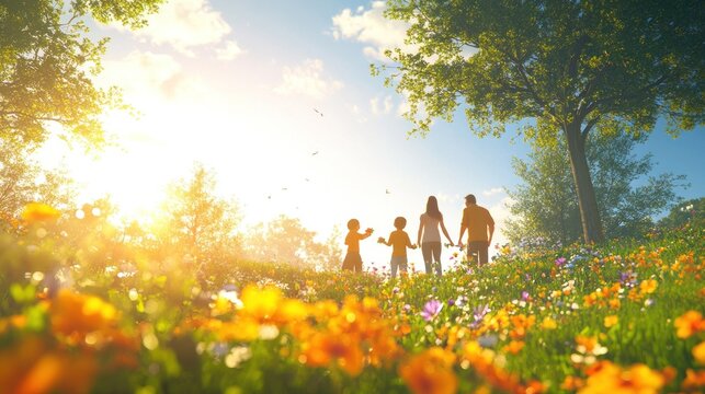 A vibrant 3D animation of a happy family enjoying a day in the park together, featuring parents and children playing games on a sunny day. The scene includes a detailed background of trees, flowers,