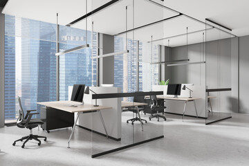 Modern empty office interior with city view and glass partitions. 3D Rendering