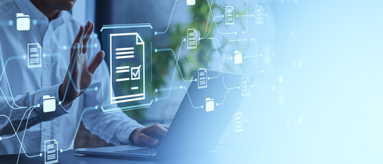 Man hand touch document management system and files hologram, copy space