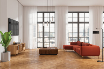 Stylish home living room interior with couch and tv console, panoramic window