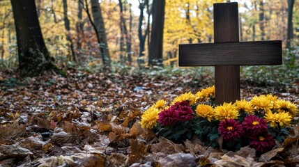 A simple wooden cross at the edge of a forest, surrounded by autumn leaves and chrysanthemums
