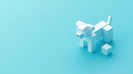 Dog Made of White Cubes on Blue Background in Voxel Style