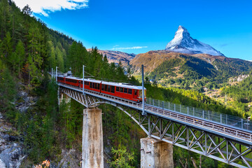 Zermatt, Switzerland. Gornergrat train on bridge