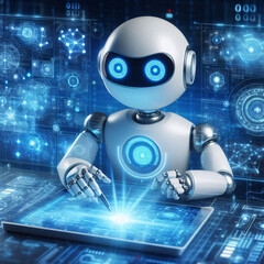 Futuristic android diligently working on laptop