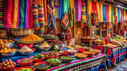 Vibrant street food stall with colorful ingredients and traditional textiles, evoking the warmth and hospitality of Latin American culture and travel experiences.