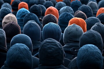 A close-up view of a crowd wearing various hats, highlighting diversity in color and style amidst a winter setting.