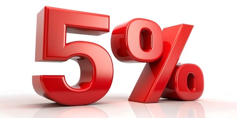 Red 5 percent isolated on white background. Discount fifty percent. 3d render.