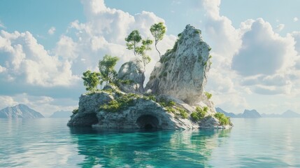 Enchanting Fantasy Island Oasis in the Sea - 3D Rendered Illustration of Magical Escapade Amidst Ocean Waves and Mystical Vibes