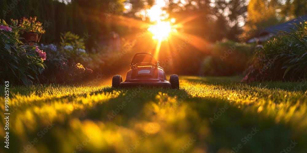 Sticker Man Mows Lawn at Sunset Creating Serene Backyard Atmosphere