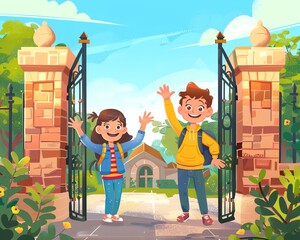 Happy School Children Waving Goodbye Outside School Gate