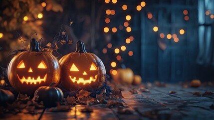 Obraz premium A Halloween decor scene with glowing pumpkins, spooky ornaments, and a dark, atmospheric setting.