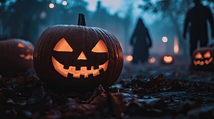 Obraz premium A Halloween night filled with the eerie eyes of Jack O' Lanterns, with ghostly figures and a sinister atmosphere in the background.