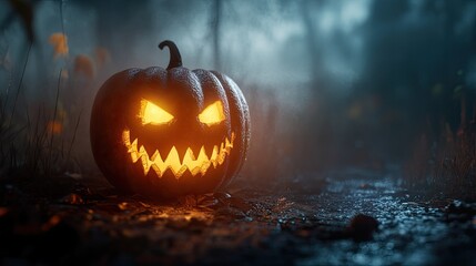 Naklejka premium A sinister Halloween pumpkin with a creepy, jagged grin, illuminated from within on a dark, foggy night.