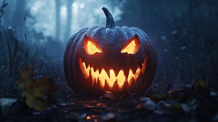 A sinister Halloween pumpkin with a creepy, jagged grin, illuminated from within on a dark, foggy night.