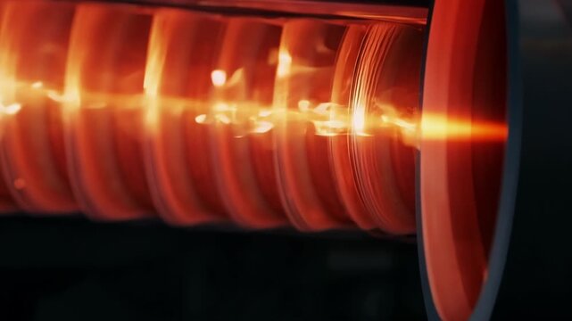 A closeup shot of glowing red heat coils wrapping around the exhaust creating a hypnotic pattern of intense energy.