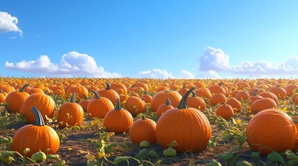 A sprawling pumpkin patch with hundreds of ripe pumpkins, set against a clear blue sky.