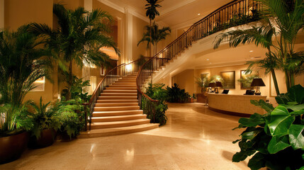 Fototapeta premium Tranquil Corporate Lobby Featuring Grand Staircase, Verdant Indoor Plants, and a Stylish Reception Desk bathed in Gentle Illumination