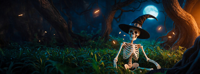 Obraz premium halloween banner with a skeleton in a witch hat in the middle of a forest