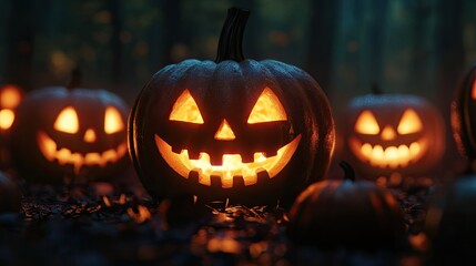 The glowing eyes of Jack O' Lanterns pierce through the darkness, setting the stage for a spooky, horror-filled Halloween night.