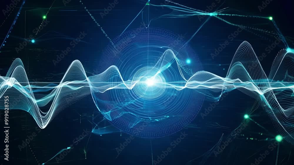Poster discover how sound waves are represented and visualized through dynamic digital patterns in a captiv