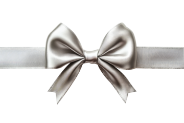 A shiny silver bow tied around a sleek ribbon photographed on a plain transparent background, perfect for celebrations and elegant gifts.