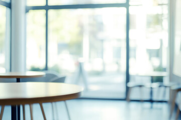 A modern cafe with minimalistic wooden furniture and large windows letting in bright sunlight, creating a warm and inviting atmosphere.