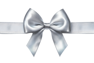 A shiny silver bow displayed on a transparent background, highlighting its elegance and simplicity. The image focuses on the ribbon's metallic texture.