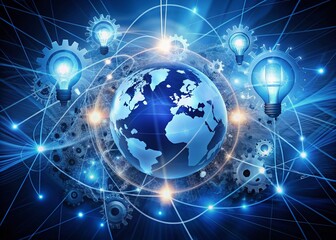 Fototapeta premium Glowing blue globe surrounded by glowing network lines and orbs, with gears, cogs, and lightbulbs, symbolizing innovative business development and creative marketing strategies.