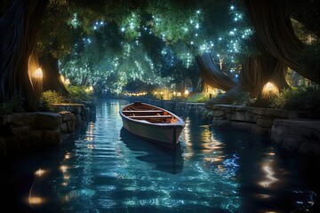 Obraz premium Boat Ride Serenity: Capture the tranquility of a boat ride in a lazy river surrounded by gentle lights.