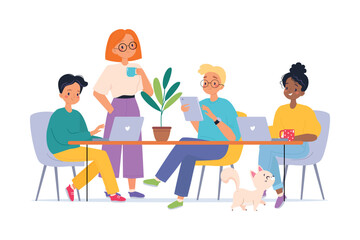 Coworking with Man and Woman at Workspace at Computer Vector Illustration